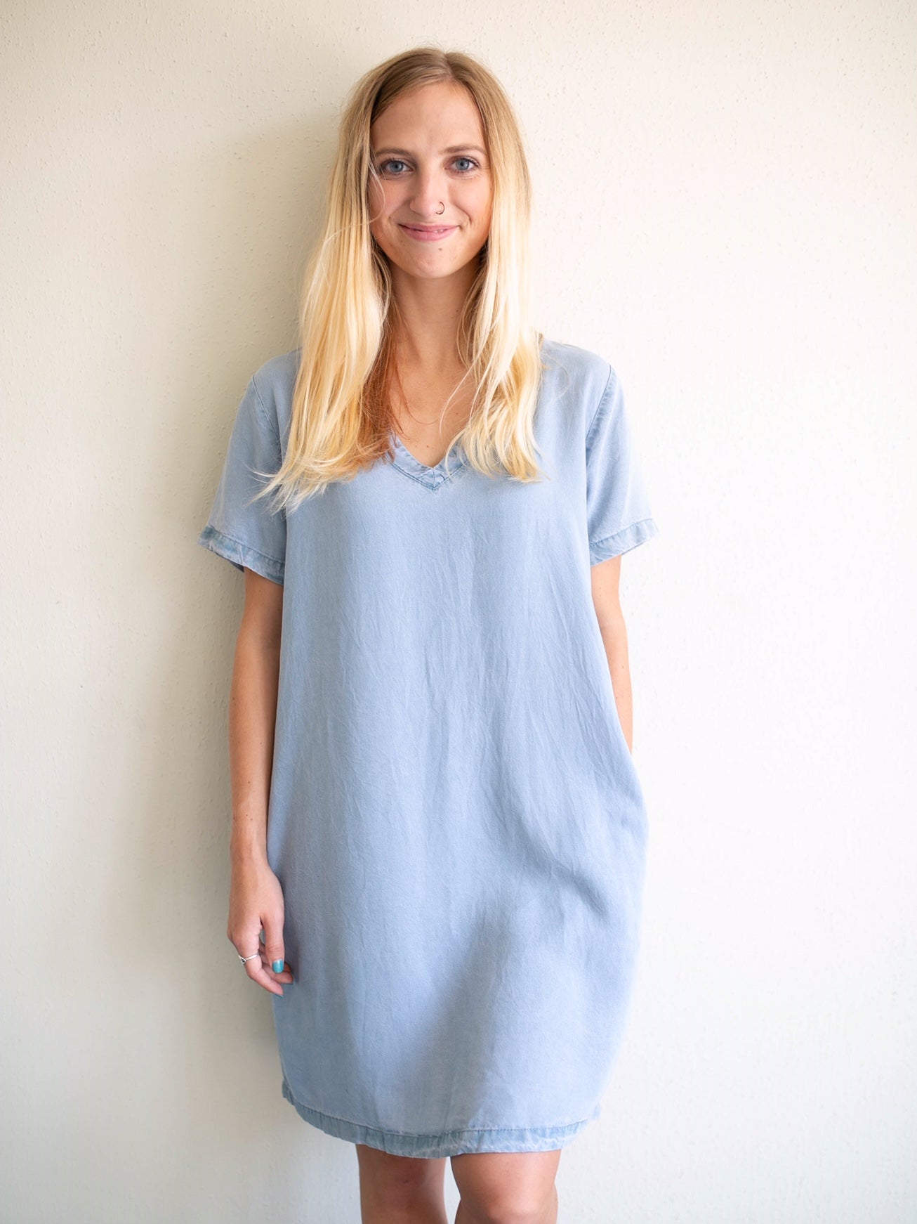 chambray v-neck dress