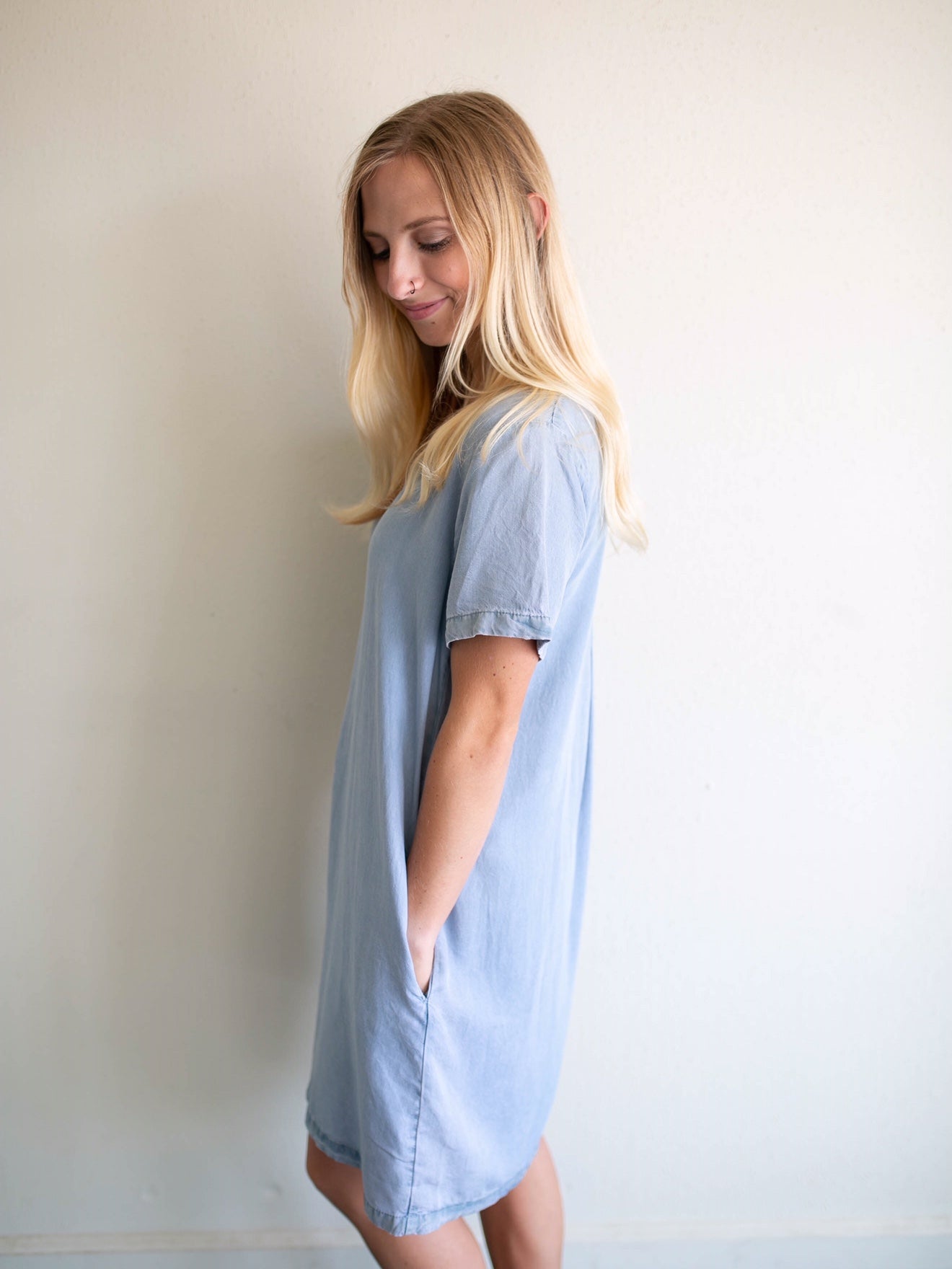 chambray v-neck dress