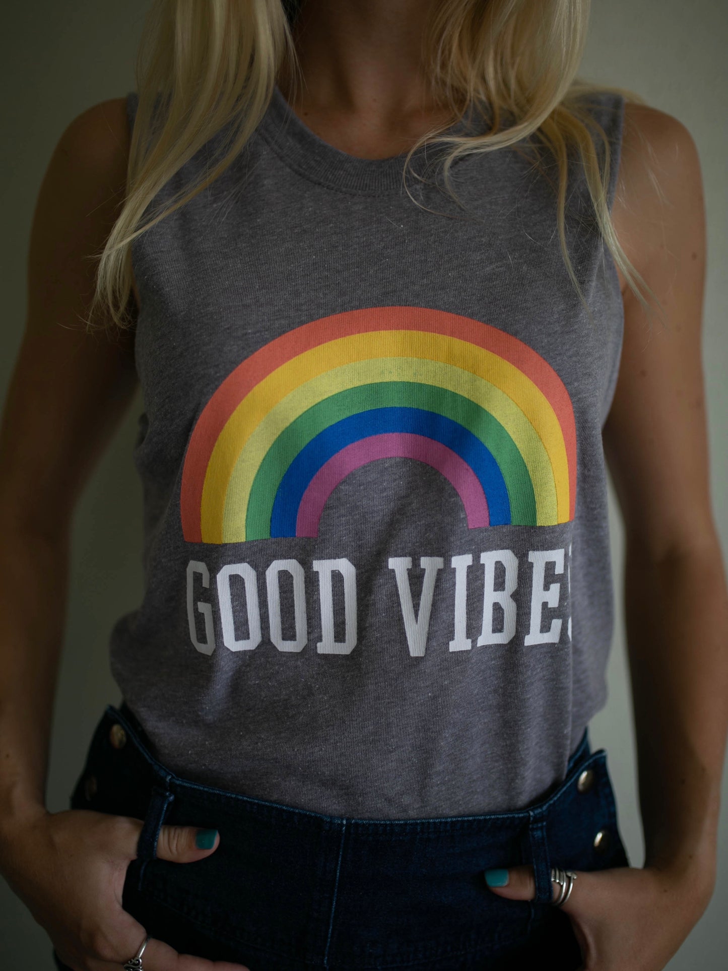 good vibes under the rainbow muscle tee