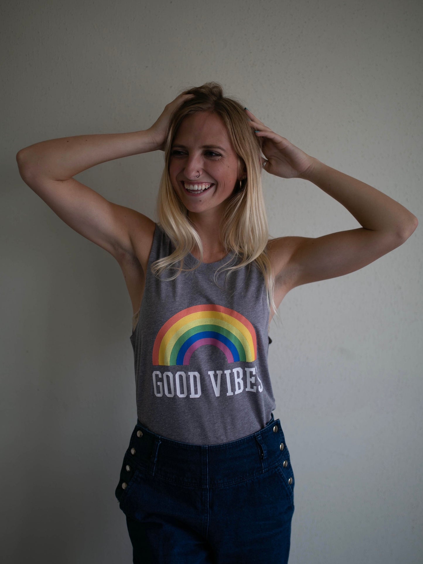 good vibes under the rainbow muscle tee